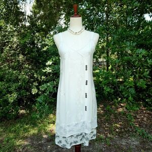 Boho Lace Midi Dress Sz M White Chiffon Layered Beach Tie-Back Y2K 90s Resort